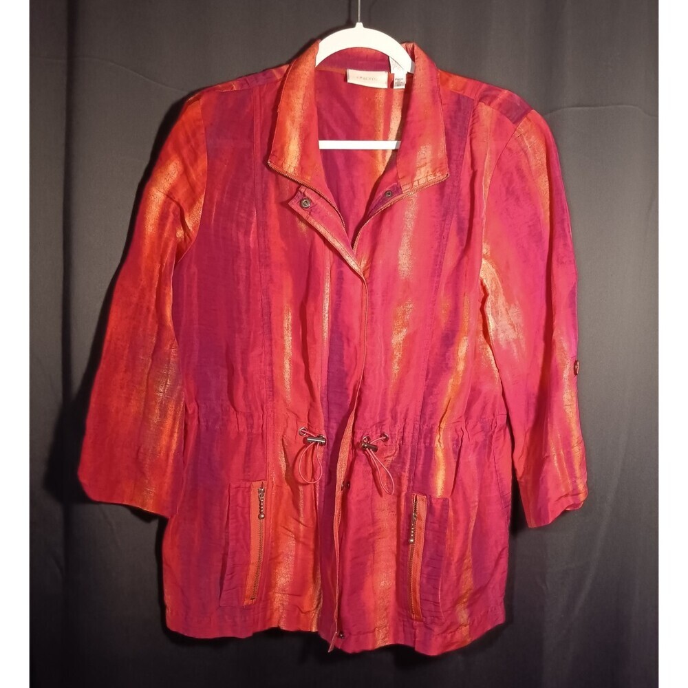 Chico’s Size 2 Linen Blend Jacket Semi Sheer Red Pink Stripe Drawstring Boho - Picture 1 of 6